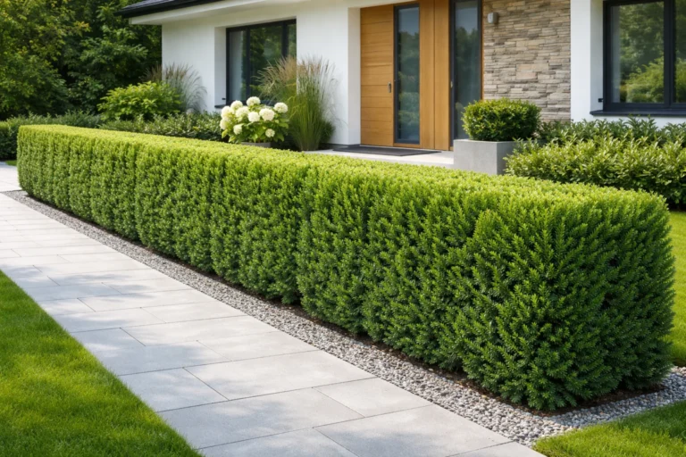 Niski żywopłot przed wejściem do domu